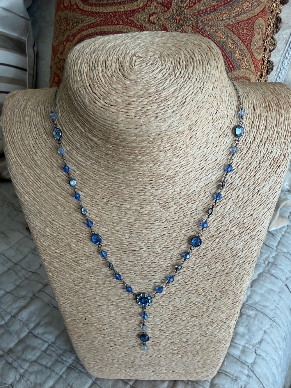 Crystal necklace blue ice cobalt floral center sterling silver oxidized - Picture 3 of 11